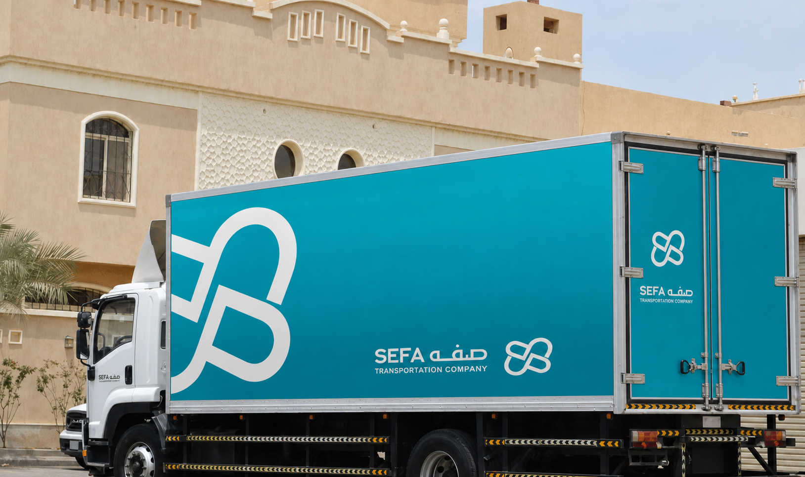 A turquoise SEFA Transportation truck in front of a Saudi-style building